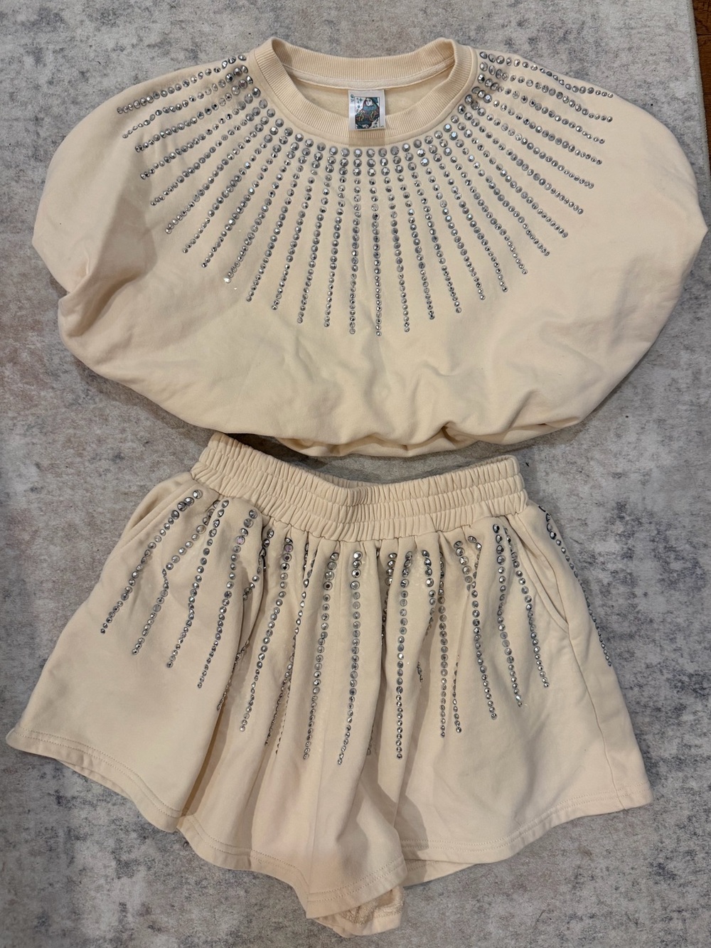 QUEEN OF SPARKLES cream rhinestone 2 piece short set